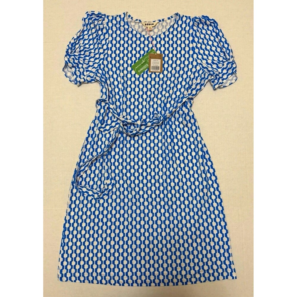 Boden Knot Detail Dress Geometric Jersey Puff Sleeve Belted Midi Women’s 12